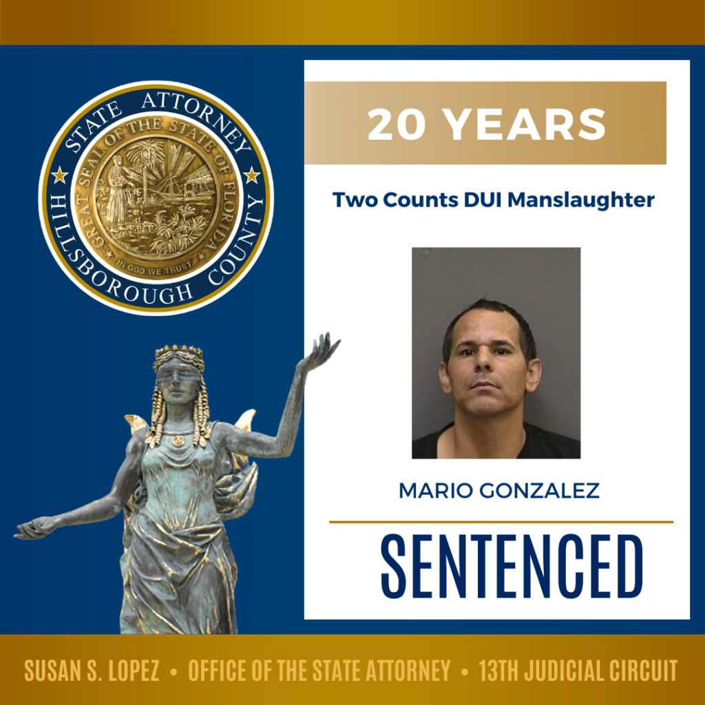 Tampa Man Sentenced to 20 Years in Prison for DUI Manslaughter Crash that Killed Young Woman and Unborn Child